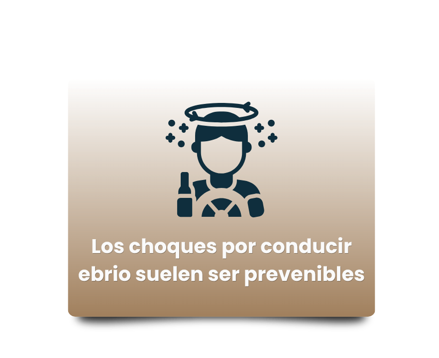 Aviso de seguridad vial: conducir ebrio puede provocar choques prevenibles, icono de conductor al volante con botella y halo.