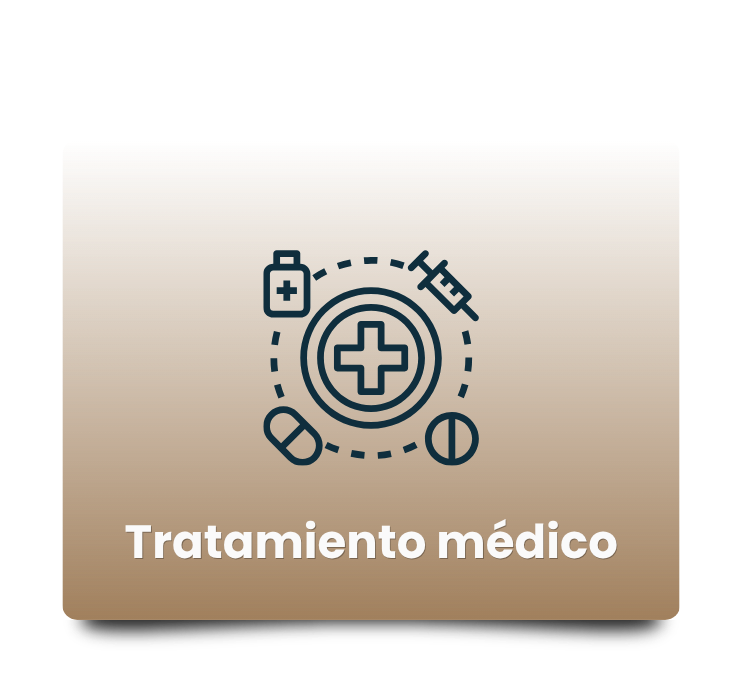 Icono de tratamiento médico: cruz central rodeada de píldoras y una jeringa sobre fondo marrón, con el texto'Tratamiento médico' debajo.