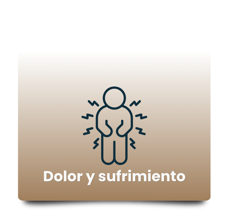 Tarjeta marrón con icono de persona con dolor rodeada de líneas de tensión y el texto'Dolor y sufrimiento'