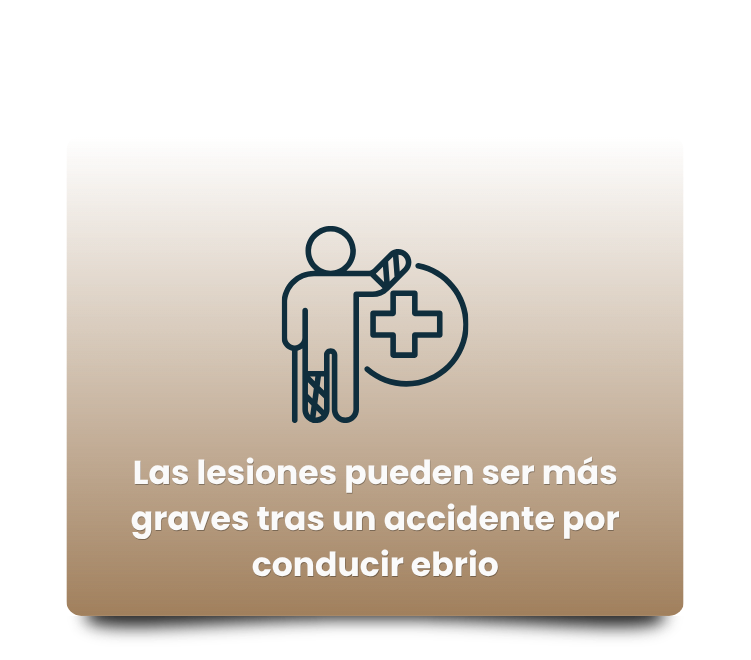 Persona herida con soporte en la pierna y símbolo médico; texto: Las lesiones pueden ser más graves tras un accidente por conducir ebrio.