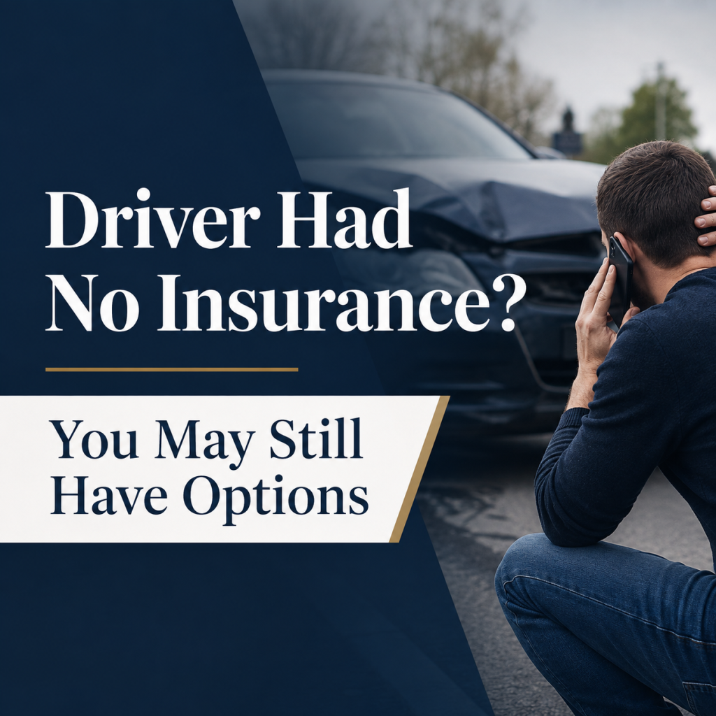 Uninsured driver accident blog graphic with damaged car