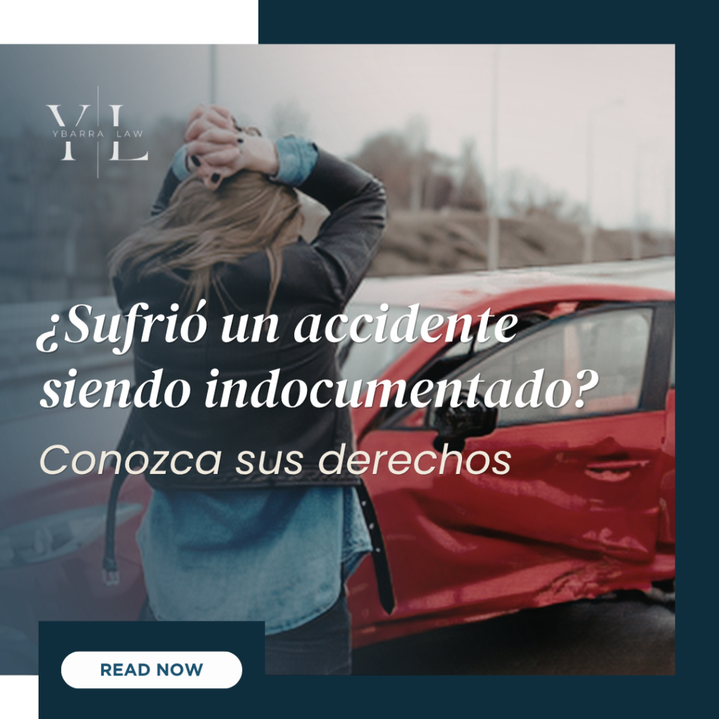 Gráfico para blog sobre la situación de indocumentados tras un accidente, mostrando un auto dañado.